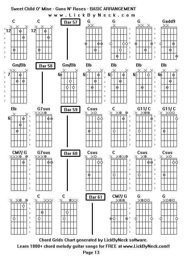 Chord Grids Chart of chord melody fingerstyle guitar song-Sweet Child O' Mine - Guns N' Roses - BASIC ARRANGEMENT,generated by LickByNeck software.